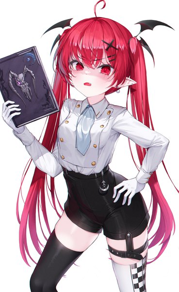 Anime picture 3717x6041 with original yjs0803123 single long hair tall image looking at viewer blush fringe highres open mouth simple background smile hair between eyes red eyes standing white background twintails holding absurdres ahoge
