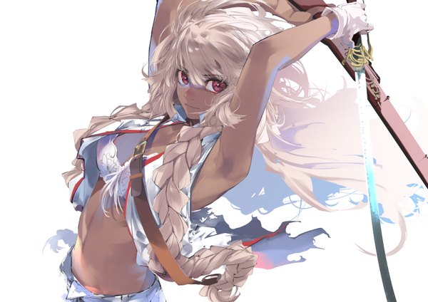 Anime picture 1637x1158 with fate (series) fate/grand order lakshmibai (fate/grand order) kiriyama single long hair looking at viewer fringe light erotic simple background hair between eyes red eyes white background holding silver hair braid (braids) arms up armpit (armpits) midriff twin braids
