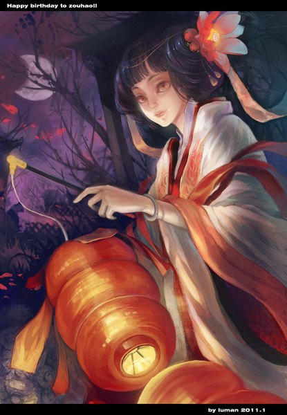 Anime picture 1385x2000 with original luman tall image black hair traditional clothes hair flower inscription orange eyes glowing bare tree girl hair ornament plant (plants) tree (trees) moon torii