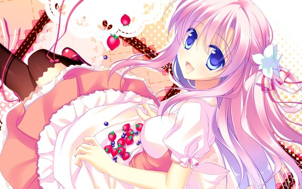 Anime picture 1920x1200 with motomiya mitsuki single long hair blush highres open mouth blue eyes wide image pink hair hair flower girl thighhighs dress hair ornament black thighhighs food berry (berries) strawberry