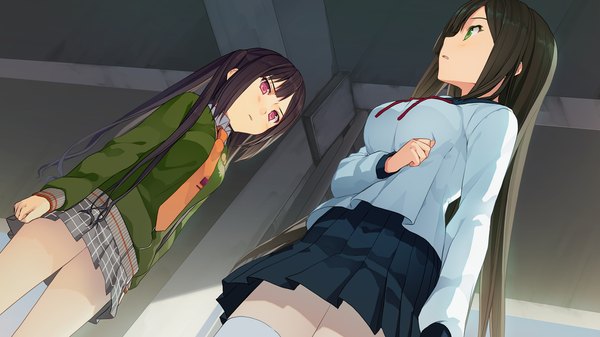 Аниме картинка 1280x720 с любовь, выборы и шоколад ima sugu onii-chan ni imouto da tte iitai! shinonome satsuki nanase matsuri akinashi yuu длинные волосы чёрные волосы широкое изображение два хвостика несколько девушек зелёные глаза game cg розовые глаза девушка юбка форма 2 девушки школьная форма мини-юбка рубашка