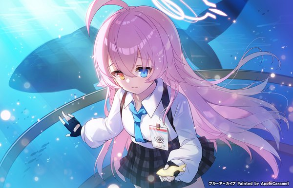 Anime picture 1800x1158 with blue archive hoshino (blue archive) apple caramel single long hair fringe highres hair between eyes holding looking away pink hair ahoge indoors from above official art heterochromia girl gloves uniform school uniform