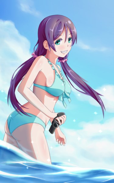 Anime picture 1165x1864 with love live! school idol project sunrise (studio) love live! toujou nozomi vivid (bibido) single long hair tall image looking at viewer breasts light erotic smile twintails green eyes sky purple hair cloud (clouds) ass sideboob low twintails