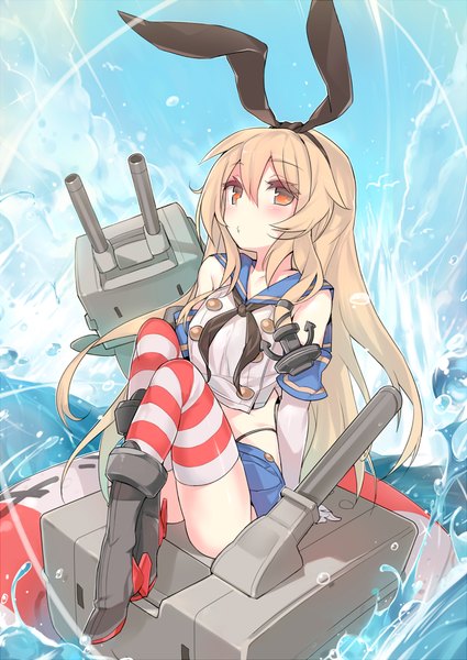 Anime picture 873x1233 with kantai collection shimakaze destroyer rensouhou-chan yuran (cozyquilt) long hair tall image looking at viewer light erotic blonde hair sitting brown eyes swimming girl thighhighs skirt gloves hair ornament ribbon (ribbons) weapon hair ribbon