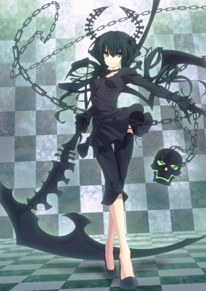 Anime picture 2480x3508 with black rock shooter dead master single long hair tall image highres black hair green eyes horn (horns) checkered floor checkered background girl gloves weapon wings chain skull scythe