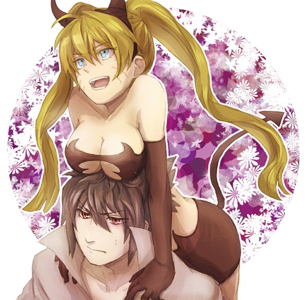 Anime picture 1024x1000 with naruto studio pierrot naruto (series) uzumaki naruto uchiha sasuke naruko tagme (artist) long hair short hair open mouth blue eyes light erotic black hair blonde hair smile red eyes twintails bare shoulders horn (horns) facial mark