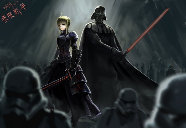 Anime picture 5519x3826 with fate (series) fate/stay night star wars fate/unlimited codes studio deen type-moon artoria pendragon (all) saber saber alter darth vader stormtrooper shuyinnosi highres blonde hair absurdres ahoge inscription hieroglyph crossover army