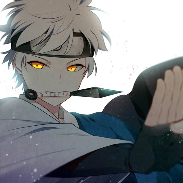 Anime picture 876x876 with boruto studio pierrot naruto (series) mitsuki (naruto) nipye single looking at viewer fringe short hair holding yellow eyes white hair mouth hold pale skin fighting stance boy weapon forehead protector kunai