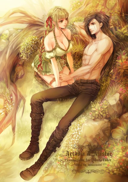 Anime picture 905x1280 with original snowcastel long hair tall image fringe breasts light erotic brown hair large breasts sitting bare shoulders brown eyes yellow eyes looking away lying braid (braids) very long hair pleated skirt green hair light smile
