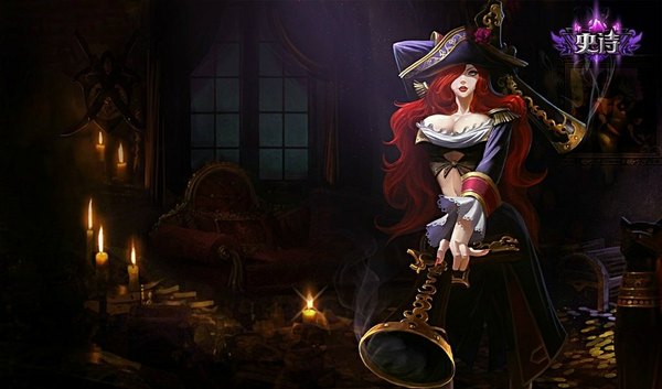 Anime picture 1024x604 with league of legends miss fortune (league of legends) single long hair fringe wide image red hair hair over one eye night smoke pirate girl weapon pillow gun cat couch suit pistol candle (candles)