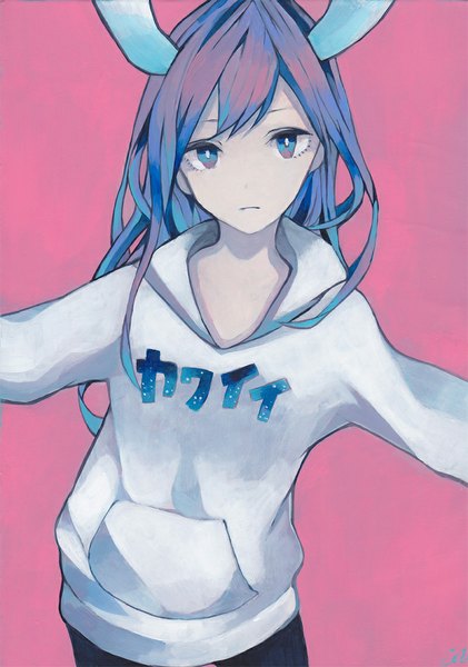 Anime picture 800x1141 with original nanakawa (nanasoon) single long hair tall image looking at viewer fringe blue eyes simple background standing animal ears blue hair pink hair multicolored hair inscription two-tone hair bunny ears spread arms pink background casual