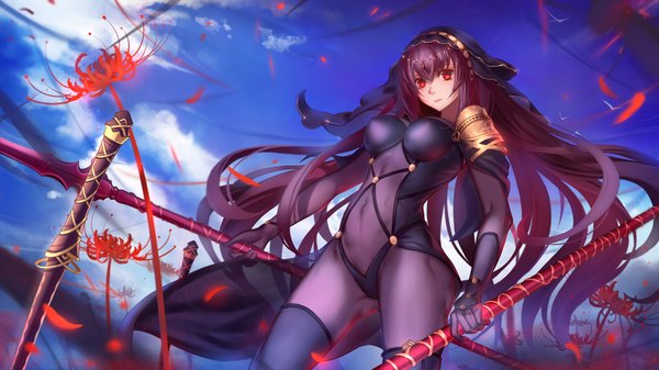 Anime picture 1920x1080 with fate (series) fate/grand order scathach (fate) (all) scathach (fate) asanogawa (tutufcc) single looking at viewer highres breasts light erotic red eyes wide image purple hair very long hair revision girl flower (flowers) weapon bodysuit higanbana