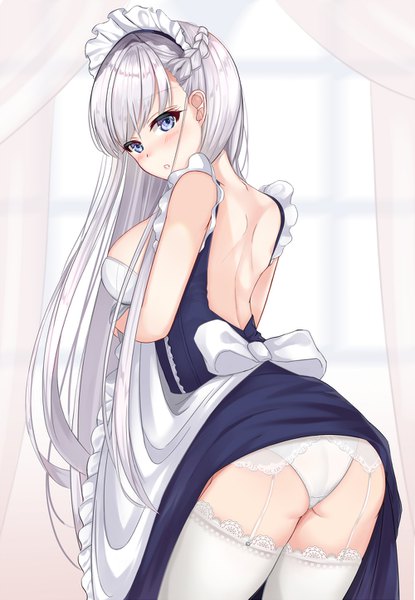 Anime picture 1000x1445 with azur lane belfast (azur lane) muka tsuku single long hair tall image looking at viewer blush fringe breasts blue eyes light erotic large breasts cleavage silver hair ass looking back maid bare back girl