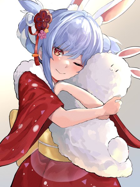 Anime picture 2267x3038 with virtual youtuber hololive usada pekora don-chan (usada pekora) usada pekora (2nd costume) benjamin4679 single long hair tall image looking at viewer highres red eyes animal ears silver hair traditional clothes japanese clothes one eye closed hair bun (hair buns) bunny ears hug