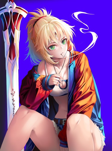 Anime picture 2100x2830 with fate (series) fate/grand order mordred (fate) huyou (awegk) single long hair tall image looking at viewer fringe highres breasts light erotic simple background blonde hair hair between eyes sitting holding green eyes payot cleavage