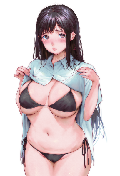 Anime picture 1629x2395 with original kamiyama aya single long hair tall image looking at viewer blush fringe breasts light erotic black hair simple background large breasts standing white background brown eyes signed underboob groin skindentation