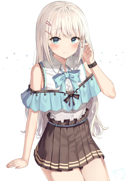 Anime picture 839x1200 with original ruda (ruda e) single long hair tall image looking at viewer blush fringe blue eyes simple background white background bare shoulders white hair blunt bangs pleated skirt arm support girl skirt miniskirt shirt