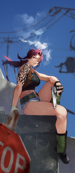 Anime picture 2700x6200 with black lagoon madhouse revy (black lagoon) yoshio (55level) single long hair tall image looking at viewer fringe highres light erotic sitting holding brown eyes sky purple hair full body bent knee (knees) outdoors ponytail