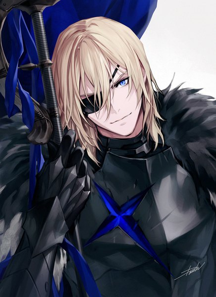 Anime picture 800x1100 with fire emblem fire emblem: three houses nintendo dimitri alexandre blaiddyd danhu single tall image looking at viewer fringe short hair blue eyes blonde hair smile hair between eyes signed upper body head tilt boy armor eyepatch