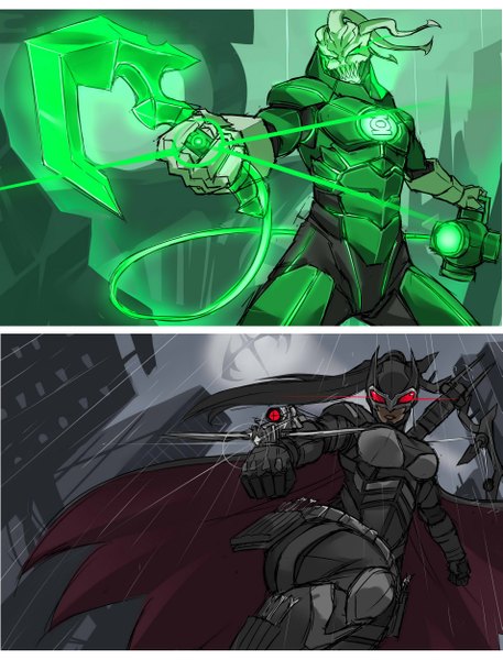 Anime picture 1905x2500 with league of legends dc comics vayne (league of legends) thresh (league of legends) green lantern exaxuxer tall image highres green eyes cosplay girl weapon cloak ring mask suit lantern crossbow