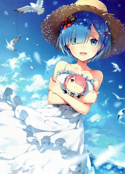 Anime-Bild 3769x5274 mit re:zero kara hajimeru isekai seikatsu white fox rem (re:zero) ram (re:zero) lf tall image looking at viewer blush fringe highres short hair open mouth blue eyes smile standing multiple girls holding blue hair pink hair absurdres