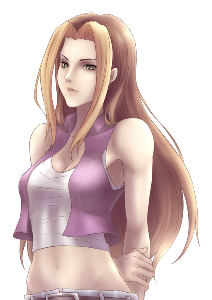 Anime picture 744x1052 with harvest moon karen (harvest moon) hananon single long hair tall image simple background brown hair white background green eyes sleeveless hands behind back girl t-shirt