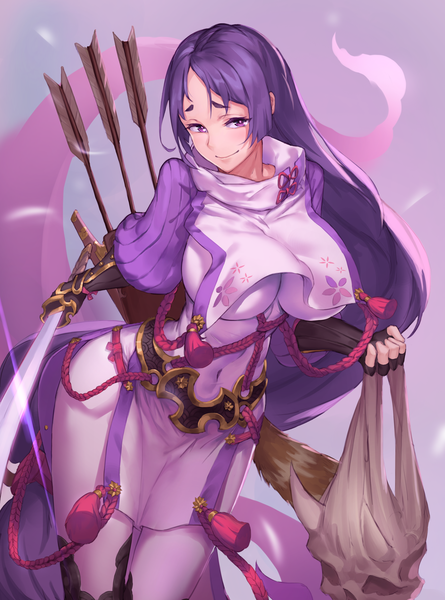 Anime picture 2551x3437 with fate (series) fate/grand order minamoto no raikou (fate) atorosu single tall image blush fringe highres breasts light erotic simple background smile large breasts standing purple eyes holding looking away purple hair very long hair
