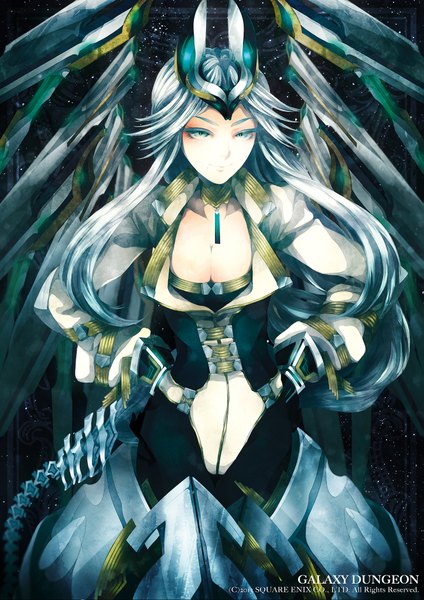 Anime picture 1447x2047 with galaxy dungeon pepepo (kyachi) single long hair tall image smile blue hair aqua eyes inscription mole hands behind back space mechanical wings girl dress armor star (stars)