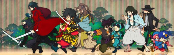 Anime picture 2500x800 with lupin iii tagme (character) jigen daisuke ishikawa goemon xiii highres black hair wide image blue hair pink hair japanese clothes grey hair group running weapon plant (plants) hat sword tree (trees) katana sunglasses