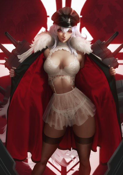 Anime-Bild 2828x4000 mit azur lane graf zeppelin (azur lane) raikoart single tall image looking at viewer fringe highres breasts light erotic simple background smile hair between eyes red eyes large breasts standing payot cleavage white hair very long hair