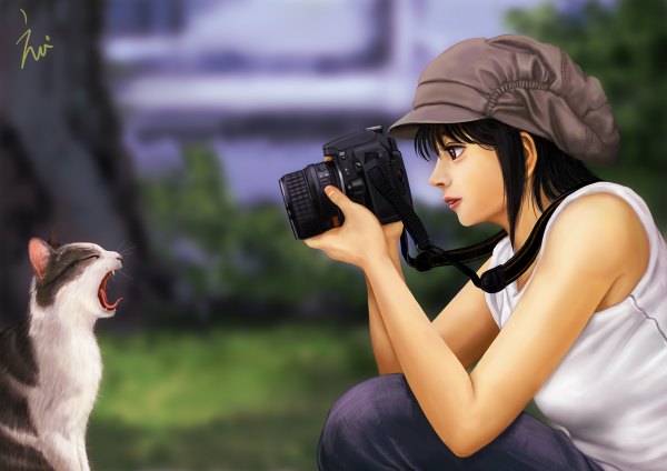 Anime picture 1200x848 with original ebi (eeotoko) single short hair black hair bare shoulders brown eyes signed profile girl hat cat camera