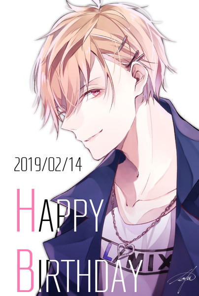 Anime picture 851x1263 with tsukiuta kisaragi koi utkt single tall image looking at viewer fringe short hair simple background blonde hair smile hair between eyes white background signed upper body profile pink eyes open jacket dated portrait