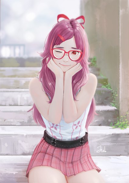 Anime picture 2481x3508 with original yuri (jubi) jubi (regiana) single long hair tall image looking at viewer highres red eyes sitting signed purple hair one eye closed wink realistic sleeveless plaid skirt hair over shoulder chin rest girl