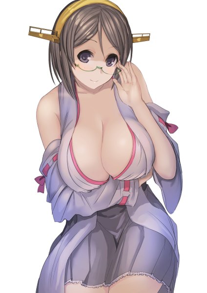 Anime picture 868x1228 with kantai collection kirishima battleship koruse single tall image short hair breasts light erotic black hair large breasts white background bare shoulders black eyes nontraditional miko girl hair ornament detached sleeves glasses