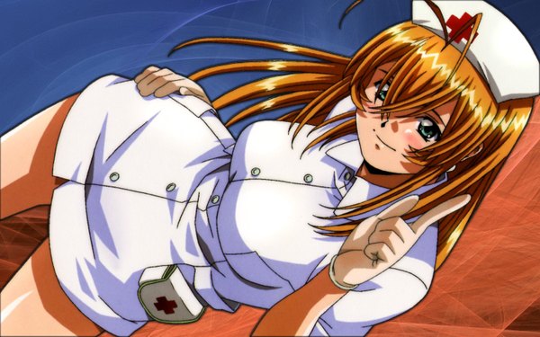 Anime picture 1440x900 with ikkitousen sonsaku hakufu long hair light erotic wide image green eyes orange hair dutch angle nurse