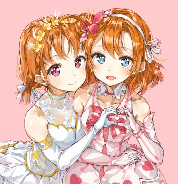 Anime picture 1215x1258 with love live! school idol project love live! sunshine!! sunrise (studio) love live! kousaka honoka takami chika takenoko no you tall image looking at viewer blush short hair open mouth blue eyes simple background twintails multiple girls ahoge :d pink eyes hair flower
