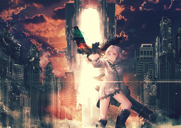 Anime picture 1000x713 with original makai no juumin single fringe short hair purple eyes looking away silver hair cloud (clouds) bent knee (knees) blunt bangs city cityscape girl gloves weapon animal black gloves bird (birds) gun