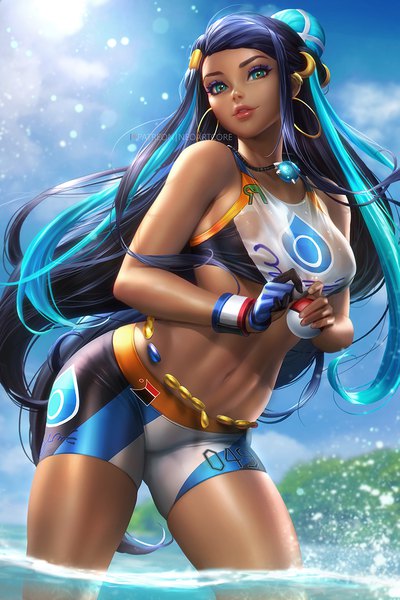 Anime picture 800x1199 with pokemon pokemon (game) pokemon swsh nintendo nessa (pokemon) nudtawut thongmai single long hair tall image looking at viewer breasts light erotic large breasts standing signed payot sky purple hair outdoors multicolored hair