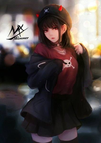 Anime-Bild 1116x1578 mit original shimmer single tall image looking at viewer fringe short hair black hair red eyes standing signed payot long sleeves parted lips head tilt pleated skirt horn (horns) blurry off shoulder depth of field