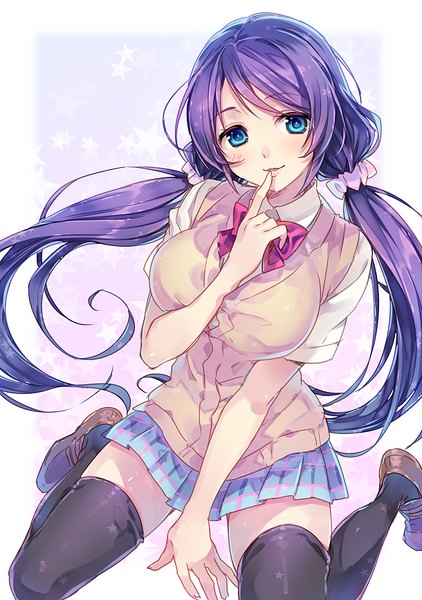 Anime picture 610x868 with love live! school idol project sunrise (studio) love live! toujou nozomi natsu natsuna single long hair tall image looking at viewer blush breasts blue eyes smile large breasts sitting twintails purple hair from above zettai ryouiki low twintails