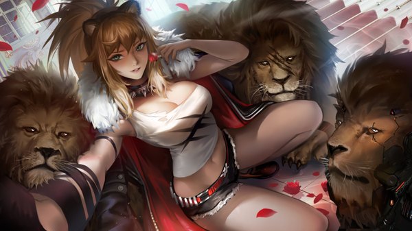 Anime picture 3000x1688 with arknights siege (arknights) gin79 single long hair looking at viewer fringe highres breasts light erotic hair between eyes brown hair wide image large breasts holding green eyes animal ears ponytail parted lips bare belly