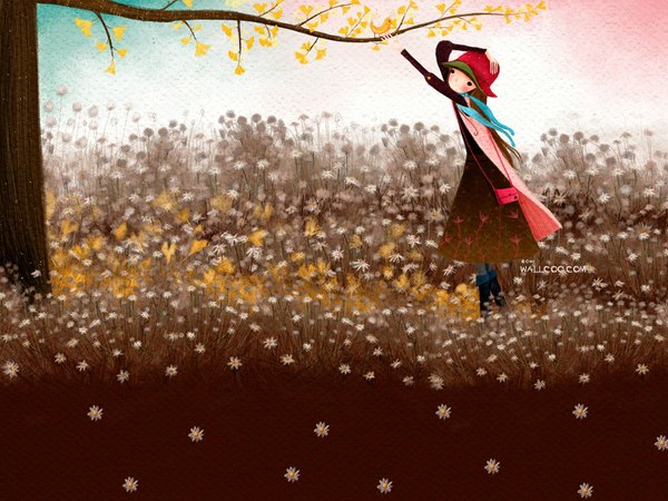 Anime picture 1024x768 with echi (artist) autumn field girl flower (flowers) hat chamomile