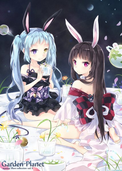 Anime picture 689x969 with original nyanya long hair tall image looking at viewer blush fringe light erotic black hair smile sitting purple eyes twintails bare shoulders multiple girls holding animal ears yellow eyes blue hair bent knee (knees)