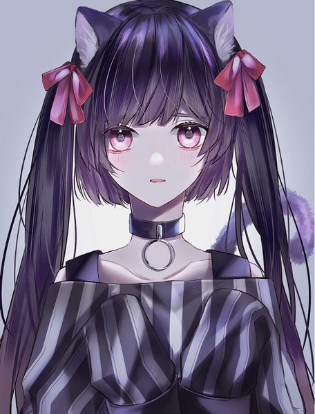 Anime picture 1001x1317 with original ichikawa ichika single long hair tall image looking at viewer blush fringe open mouth black hair simple background twintails animal ears payot upper body tail blunt bangs animal tail pink eyes cat ears