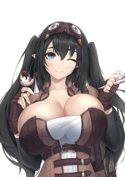 Anime-Bild 955x1355 mit original limeblock single long hair tall image looking at viewer blush fringe breasts blue eyes light erotic black hair simple background smile hair between eyes large breasts white background payot upper body head tilt