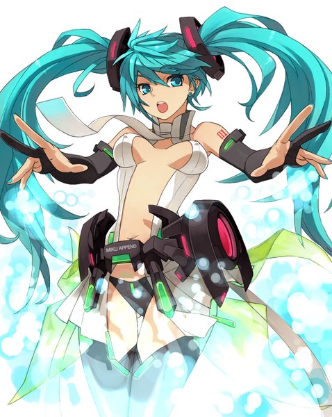 Anime picture 1168x1466 with vocaloid vocaloid append hatsune miku hatsune miku (append) penguin caee single long hair tall image breasts open mouth light erotic twintails aqua eyes aqua hair girl thighhighs gloves navel elbow gloves fingerless gloves