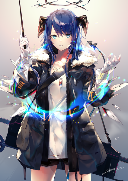 Anime picture 1116x1579 with arknights mostima (arknights) sakusyo single long hair tall image looking at viewer fringe blue eyes simple background hair between eyes standing signed blue hair tail horn (horns) grey background open jacket expressionless girl