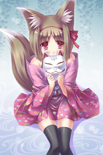 Anime picture 680x1020 with original sakai sakae single long hair tall image blush red eyes brown hair sitting animal ears tail traditional clothes japanese clothes animal tail fox ears fox tail fox girl girl thighhighs black thighhighs