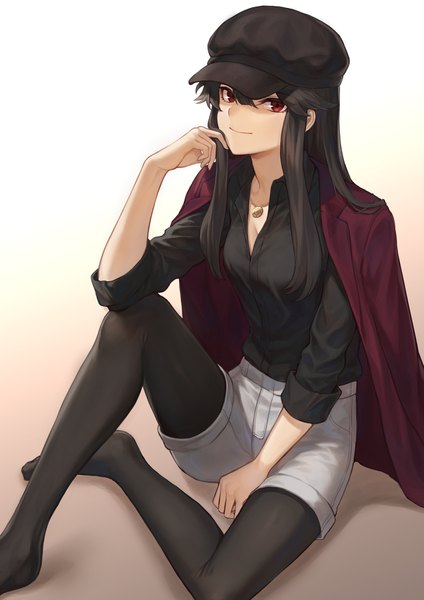 Anime picture 1302x1842 with fate (series) koha-ace oda nobunaga (fate) (all) oda nobunaga (fate) mashuu (neko no oyashiro) single long hair tall image looking at viewer fringe black hair simple background hair between eyes red eyes sitting payot bent knee (knees) light smile open jacket alternate costume