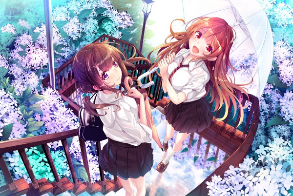 Anime picture 1200x804 with original haruka natsuki long hair looking at viewer blush breasts open mouth red eyes brown hair large breasts purple eyes twintails multiple girls outdoors :d pleated skirt from above low twintails reflection transparent umbrella